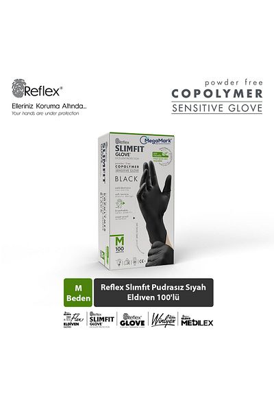 REFLEKS Reflex Slimfit Glove Powder-Free Disposable Food-Safe Black Gloves Size M Pack of 100