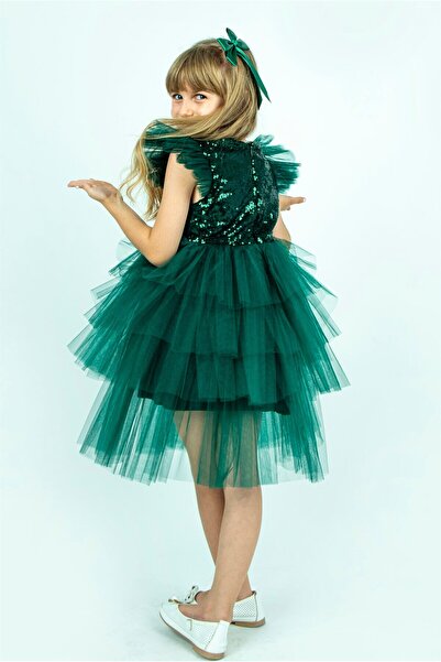 Buse&Eylül Bebe Zelené flitrové dívčí společenské šaty