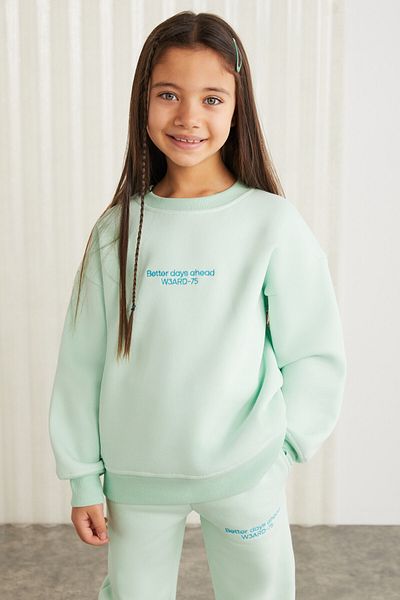 GRIMELANGE GIGI-GRM24049 75% cotton 25% polyester girl's embroidery sweat jogger set Mint Green Bottom-Top Set