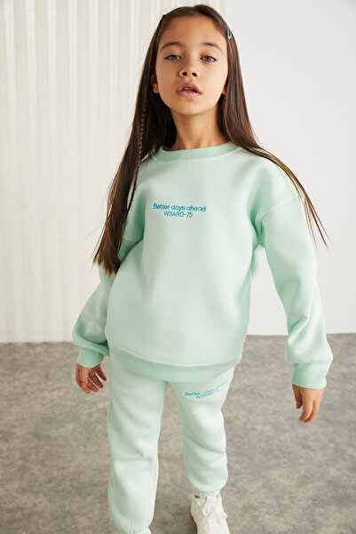 GRIMELANGE GIGI-GRM24049 75% cotton 25% polyester girl's embroidery sweat jogger set Mint Green Bottom-Top Set