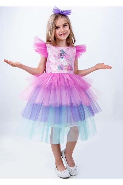 Buse&Eylül Bebe Rochie de petrecere pentru fete cu imprimeu cu paiete cu model unicorn