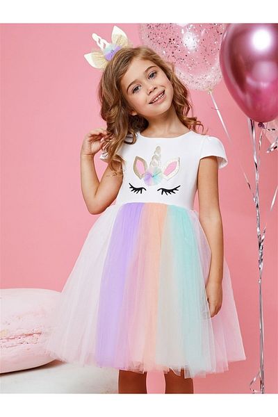 Buse&Eylül Bebe Ecru Unicorn Crowned Girl's Party Dress