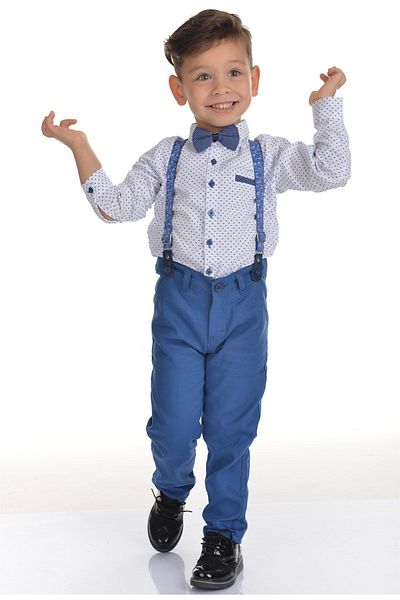 Buse&Eylül Bebe Blue Patterned Boys' Set with Bow Tie and Trousers Straps