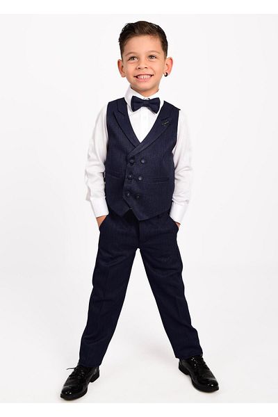 Buse&Eylül Bebe Navy Blue Scissor Brooch Detailed Boy's Tuxedo Suit with Vest