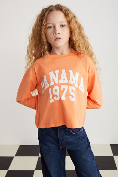 GRIMELANGE Cherly-grm24020-100% Baumwolle Bedrucktes Langarm-T-Shirt für Mädchen, Orange
