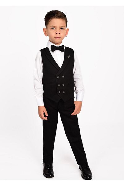 Buse&Eylül Bebe Black Scissors Brooch Detailed Boy's Tuxedo Suit with Vest