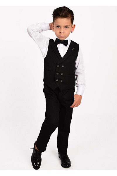 Buse&Eylül Bebe Black Scissors Brooch Detailed Boy's Tuxedo Suit with Vest