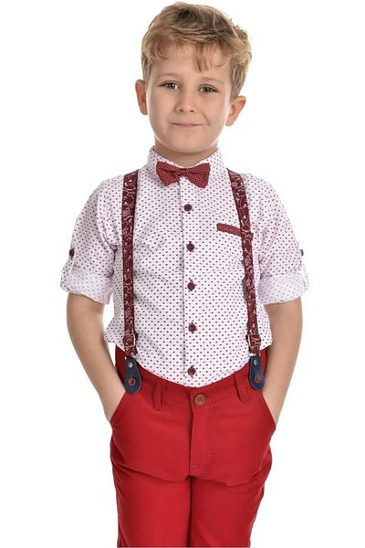 Buse&Eylül Bebe Claret Red Patterned Boys' Set with Bow Tie and Trousers