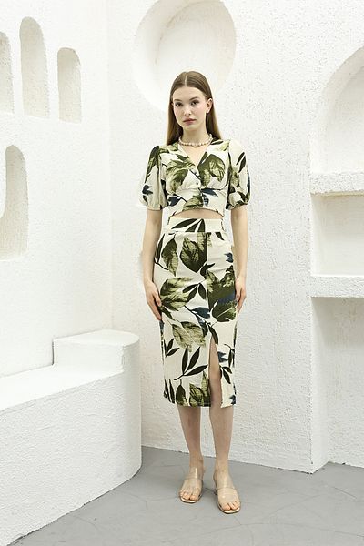İKLİM LİFE Top Buttoned Blouse Bottom Slit Skirt Set