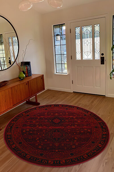 Giza Home Afgan Türkmen Otantik Desenli Dokuma Bordo Yuvarlak Oturma Odası Salon Mutfak Halısı 2959H