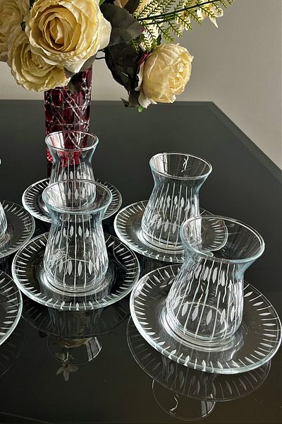 DECOSTYLE 12 Piece Tea Set with Irem Cutting Decoration Suitable for Dishwasher Use