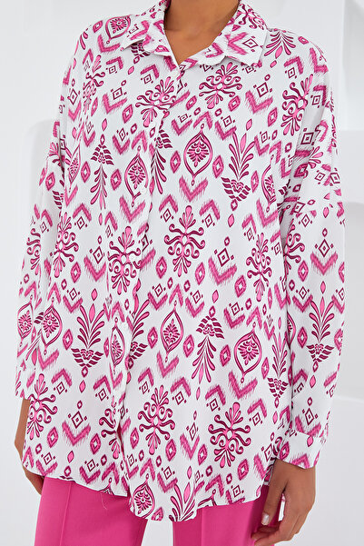 Bigdart Women's Fuchsia White Patterned Oversize Satin Shirt 3985