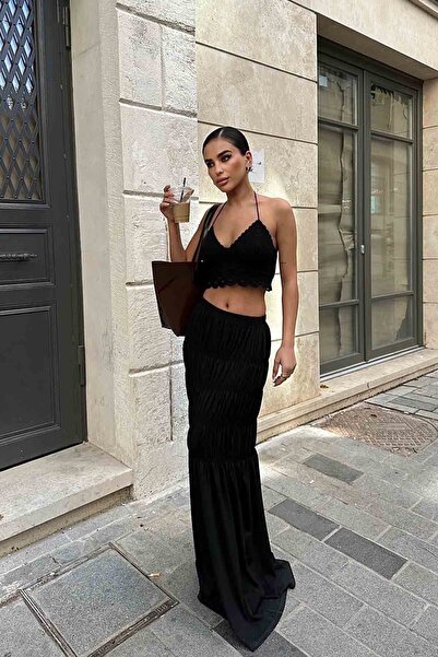 Seda Yalçın Atelier Black Layered Elastic Skirt