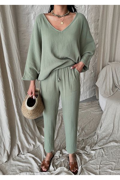 Laluvia Menta V-nyakú, alacsony vállú pamut muszlin szett