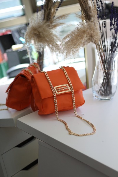 Moom Bag Women's Orange Gold Crossbody Shoulder Bag with Metal Accessories