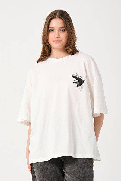 Owut Collection Unisex Ecru Crew Neck Printed Oversize T-shirt