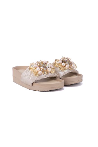Oppland Women's Orthopedic Sole Elegant Pearl Rhinestone Slippers Stylish and Comfortable Comfort Model Full Mold