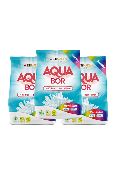ETİ MADEN Aquabor Toz Çamaşır Deterjanı, % 80 Bor, Renkliler, 6 KG x 3 Adet