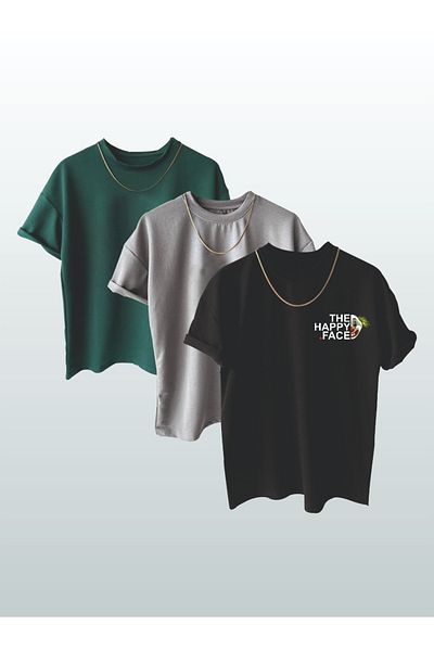 AFROGİYİM Unisex Happy Face Γραπτό Εκτυπωμένο 3' Oversize T-shirt