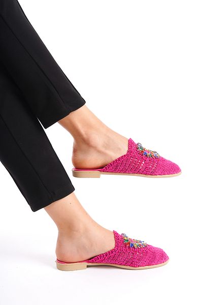 BAKGİY Fuchsia Women's Lace Colored Stone Slippers BG1163-122-0002