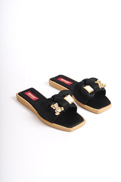 Moda Değirmeni Μαύρες γυναικείες παντόφλες κορδέλα Bg1166-122-0004