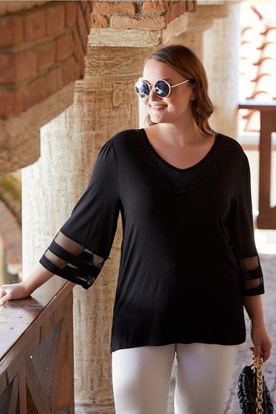 FOR ESRA BIG TREND Women's Plus Size Tulle Low-cut Jewelled V-neck Flexible Viscose Blouse