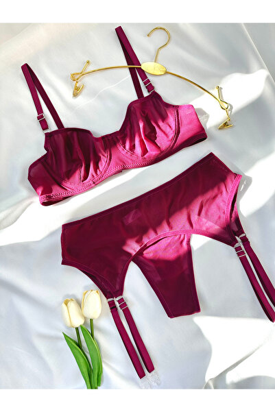 Arinda Comfort Tulle Underwire Cupless Cherry Color Garter Suit 3 Piece