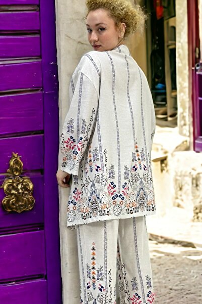 yagmurberen ETHNIC PATTERNED SHAL COLLAR JACKET WAIST ELASTIC PANTS DOUBLE SET