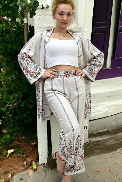 yagmurberen ETHNIC PATTERNED SHAL COLLAR JACKET WAIST ELASTIC PANTS DOUBLE SET