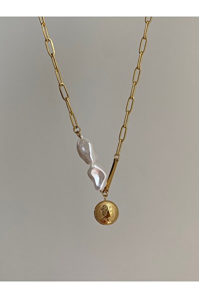 Owentis قلادة ليزابيث بتفاصيل ميدالية من اللؤلؤ الذهبي الصلب - لا تشويه -