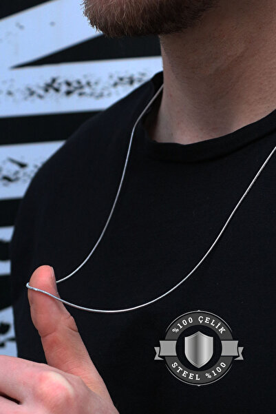 Dukkanka Uzun Yılan Zincir Kararmaz Gümüş Renk %100 Paslanmaz Erkek Çelik Kolye