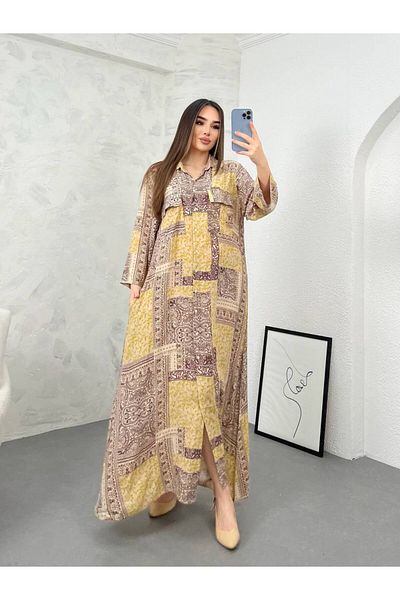 lariva Viscose Patterned Brown Oversize Hijab Dress - With Pockets
