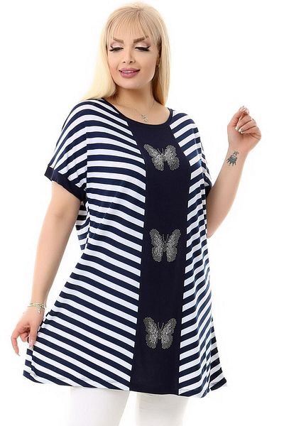 Kheos Short Sleeve Round Collar Bias Striped Blocked Comfortable and Flowy Stylish Tunic with Butterfly Stone Embroidery on the Front
