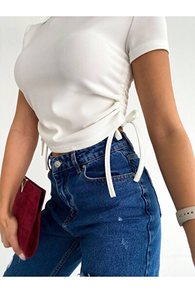 Tiyz Moda Dámské bílé tričko z osmanské tkaniny Side Gathered Crop