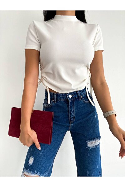 Tiyz Moda Dámské bílé tričko z osmanské tkaniny Side Gathered Crop