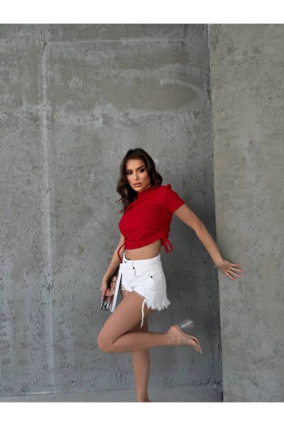 Tiyz Moda Women's Red Color Ottoman Fabric Side Gathered Crop T-Shirt