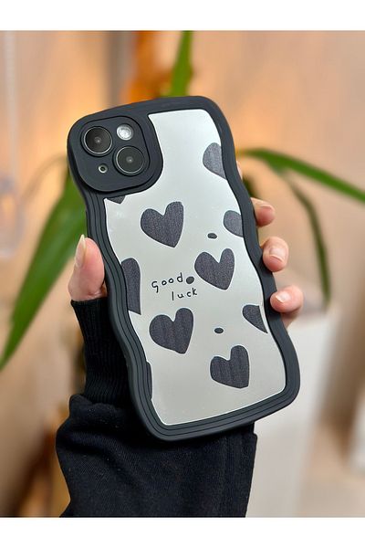 Go Aksesuar حافظة سيليكون بتصميم قلب أسود مع مرآة متوافقة مع هاتف Iphone 14 Plus - 15 Plus