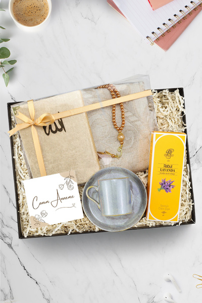 Trendmiya Kadife Kaplı Yasin-i Şerif-Seccade & Tesbih & Gri Porselen Kahve Fi...