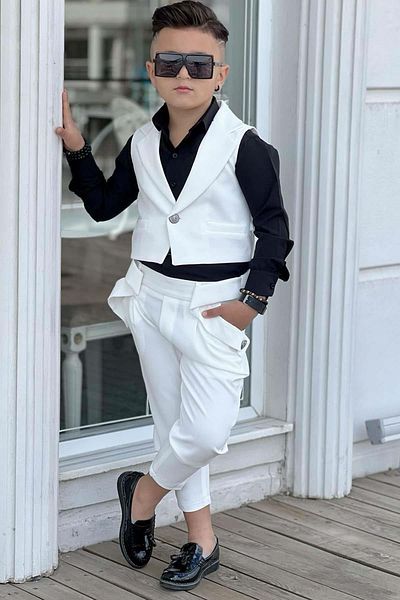 Riccotarz Boy's Button Detailed Vest and Buttoned White Bottom and Top Set