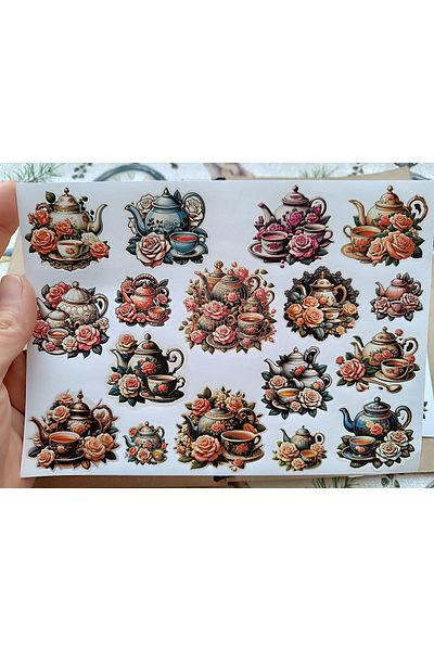 Pink Swan Craft مجموعة ملصقات أدوات الشاي الخزفية الزهرية العتيقة، مجلة رصاصة، مجموعة ملصقات مخططة