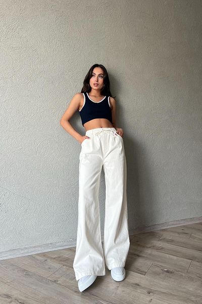 Seda Yalçın Atelier Ecru Elastic Waist Detailed Gabardine Wide Leg Trousers
