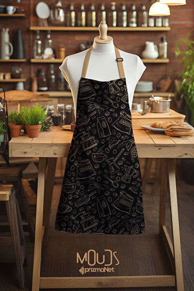 Moud's Süet Kumaş Kahve Aşkı Desenli Mutfak Önlüğü, Aşçı Önlüğü, Garson Önlüğ...