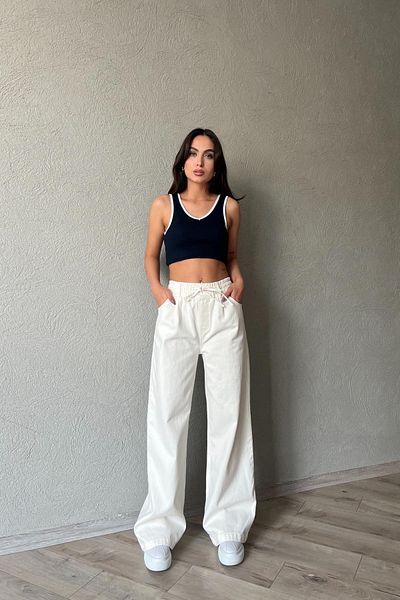 Seda Yalçın Atelier Ecru Elastic Waist Detailed Gabardine Wide Leg Trousers