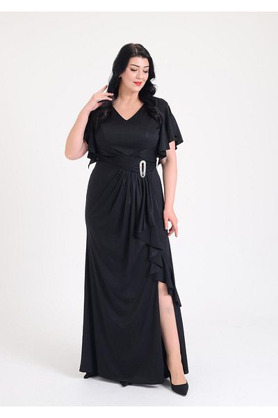 SpringStore Black Side Brooch Draped Plus Size Evening Dress