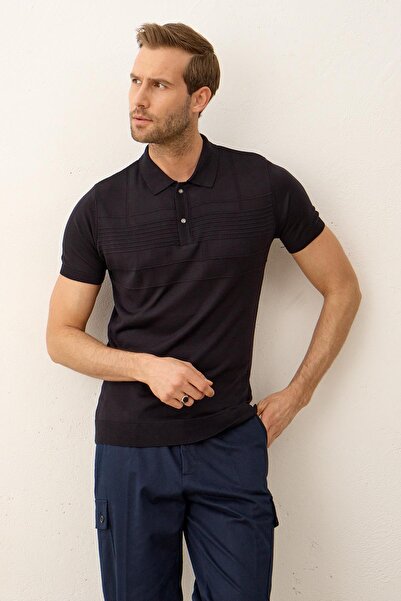 Danger Men's Line Patterned Slim-fit Molded Polo Collar Summer Knitwear T-shirt Dark Navy Blue