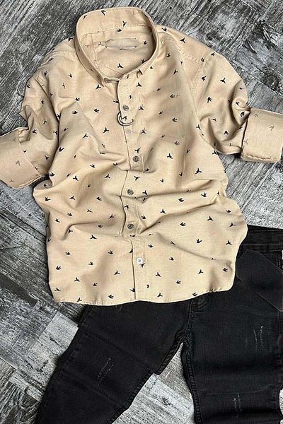 Riccotarz Boy's Jean Pants Bird Patterned Cream Shirt Top and Bottom Set