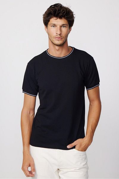 Tudors Ανδρικό T-shirt Slim Fit Slim Fit 100% βαμβακερό απλό πικέ μαύρο μπλουζάκι με λαιμόκοψη