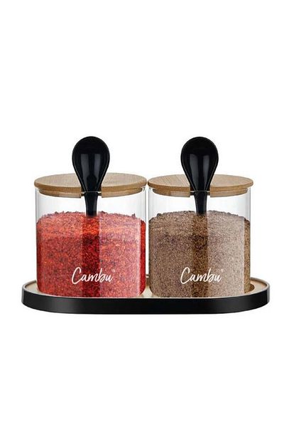 Mask Bamboo Lid Borosilicate Cambu Spice Jar with Spoon Set of 2