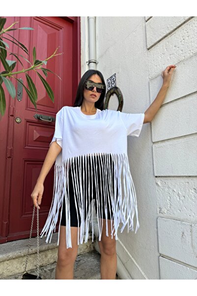 minaaise Beyaz Püsküllü Penye Oversize T-Shirt 25436