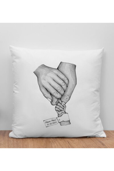 Bk Gift Kişiye Özel Siyah Beyaz Aile El Ele Tasarımlı Beyaz Kırlent Yastık-8,...